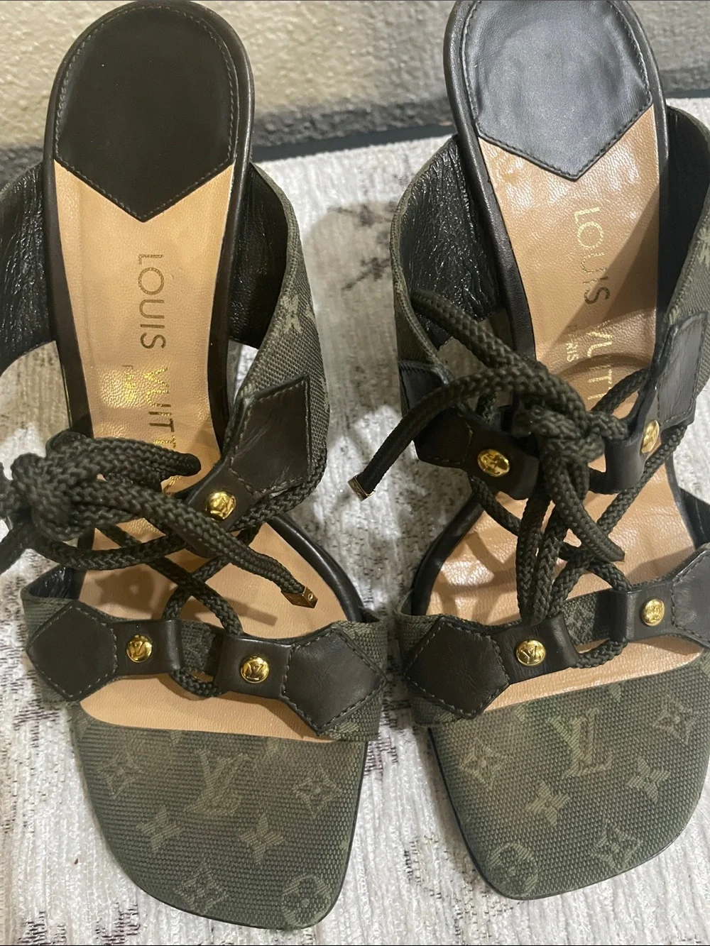 Louis Vuitton Olive Monogram Lace-Up Wedge Sandals with Gold Accents